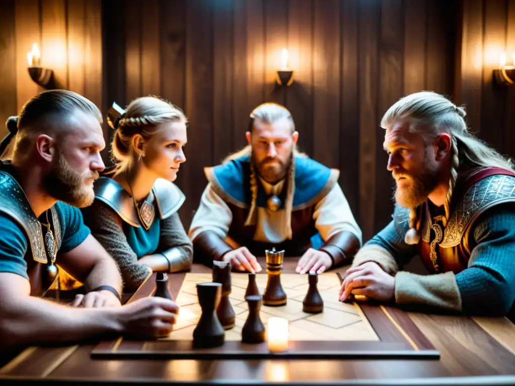 Juego de estrategia vikingo: épica concentración en ambiente ancestral Un grupo inmerso en un juego de mesa vikingo moderno, rodeados de artefactos antiguos, en una atmósfera auténtica de estrategia y concentración