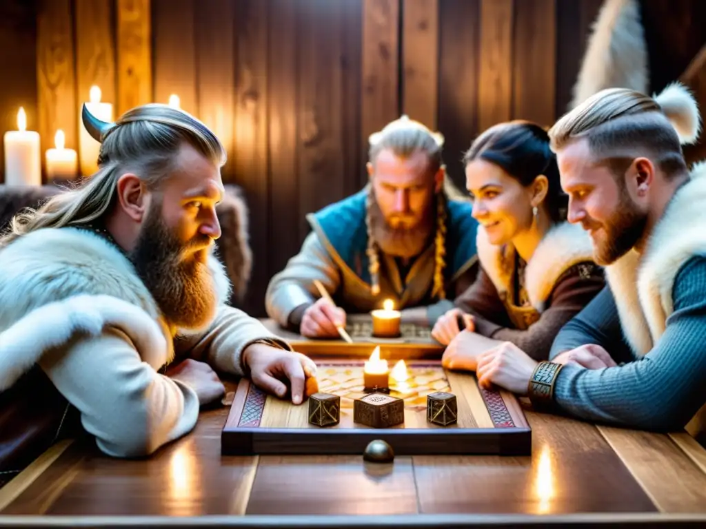 Grupo inmerso en juego de mesa vikingo, rodeado de velas y pieles, en mesa de madera rústica