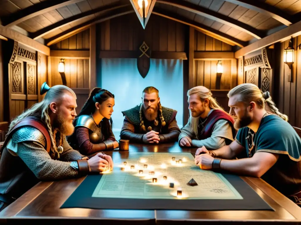 Un grupo inmerso en un juego de rol vikingo, rodeados de mapas y dados en una mesa de madera iluminada por antorchas