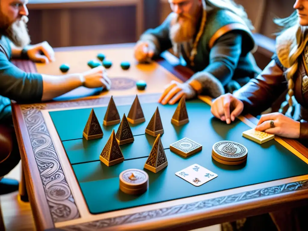 Grupo de jugadores concentrados en un juego de mesa vikingo, rodeados de piezas y cartas de mitología nórdica