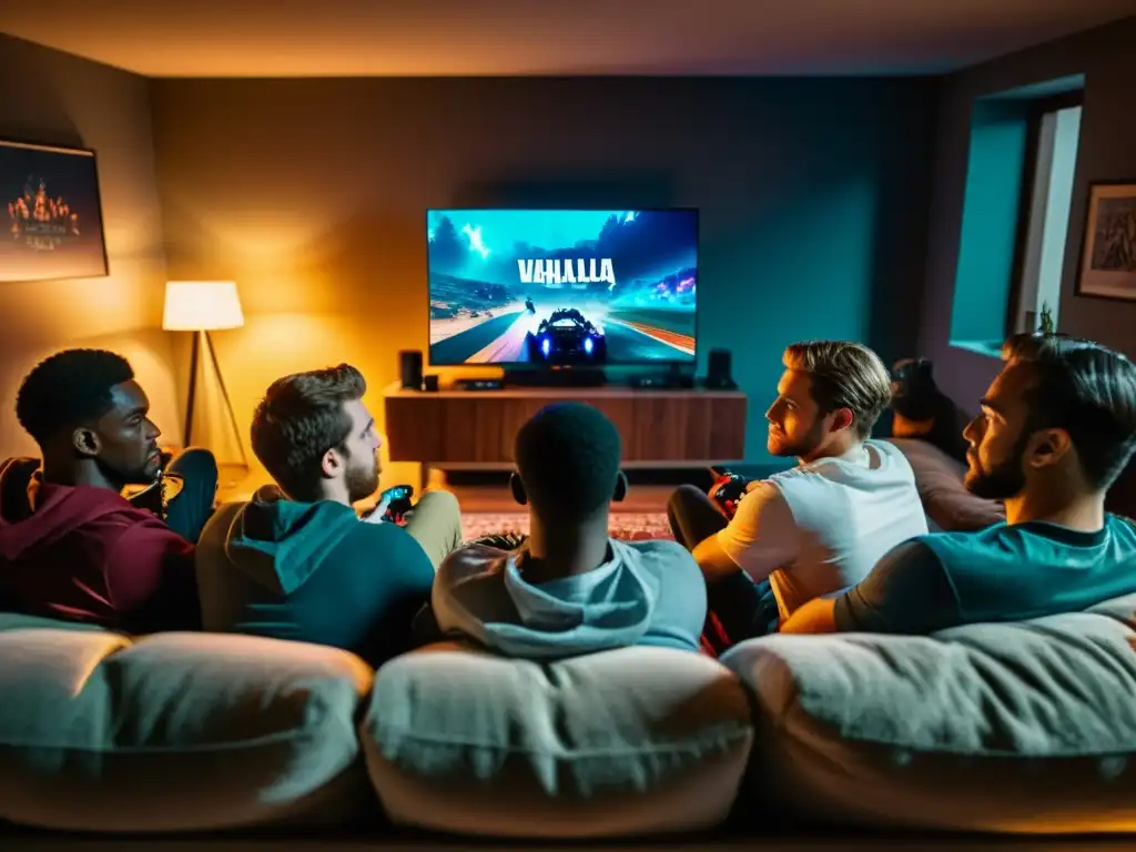 Un grupo de jugadores concentrados en el videojuego Valhalla era vikinga, inmersos en una sala acogedora y ambientada