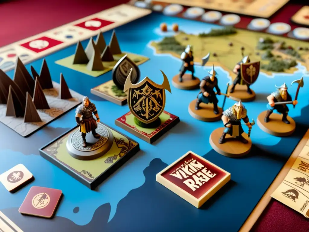 Épica partida de 'Blood Rage' en Vikingos modernos Grupo de jugadores de mesa vikingos modernos inmersos en 'Blood Rage' con elementos temáticos como cascos y escudos
