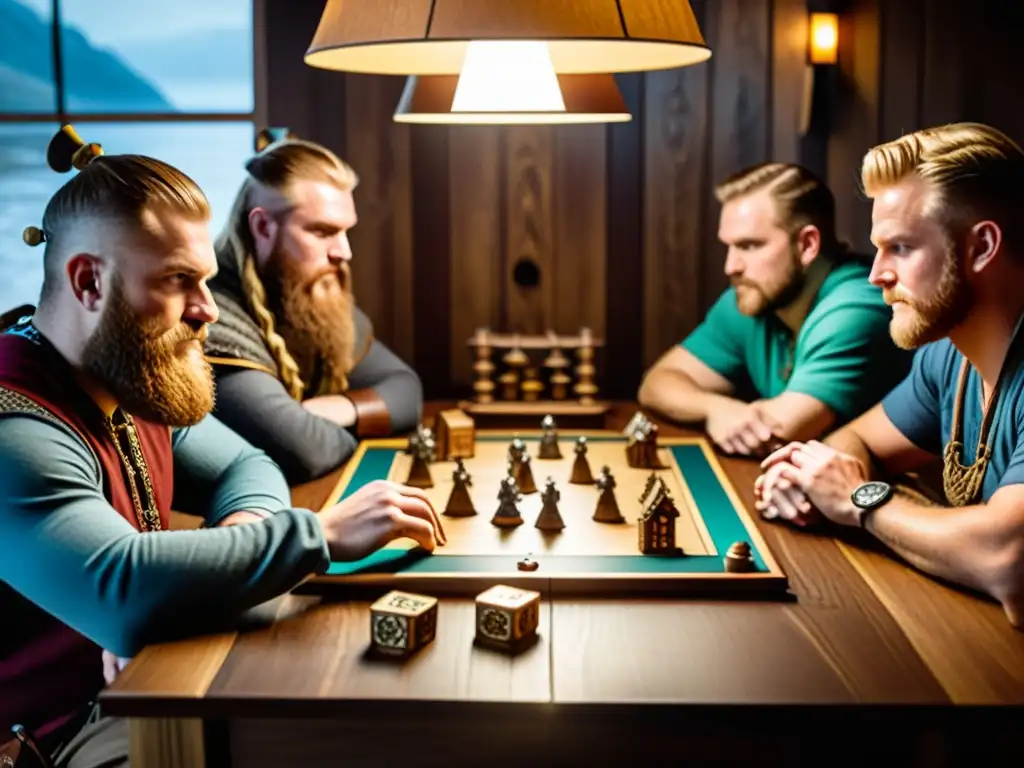 Épica partida de juego de mesa vikingo en ambiente ancestral Un grupo de jugadores de mesa vikingos modernos inmersos en un juego épico en una mesa de madera detallada