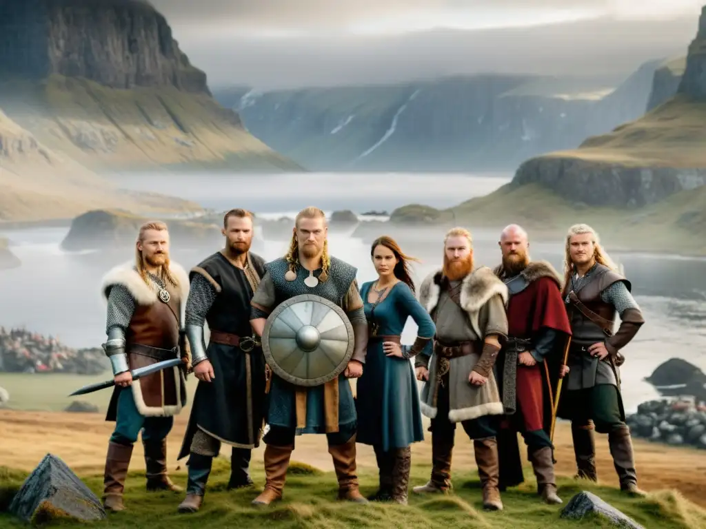 Grupo moderno en atuendo vikingo frente a paisaje nórdico, evocando misterio y poder para el Uso de la imagen vikinga en marketing