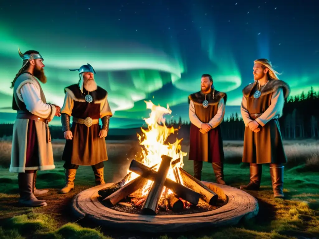 Grupo moderno en atuendo vikingo, en ritual espiritual alrededor de una fogata en el bosque con auroras boreales