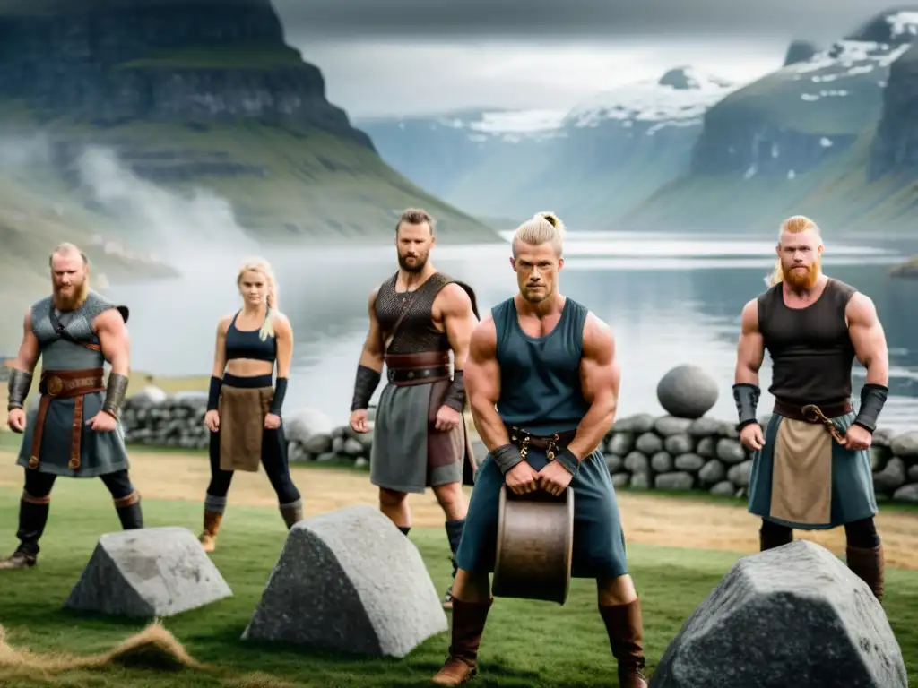 Un grupo moderno practica entrenamiento funcional estilo vikingo en un paisaje nórdico