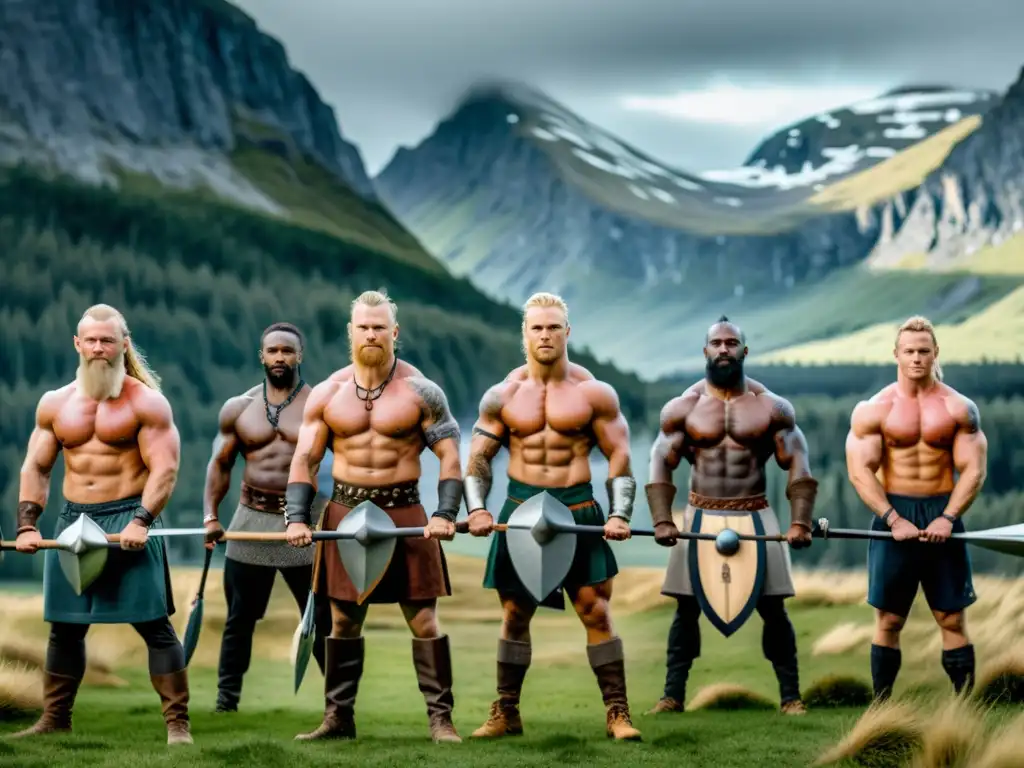 Un grupo moderno en entrenamiento vikingo con determinación y camaradería en un paisaje nórdico