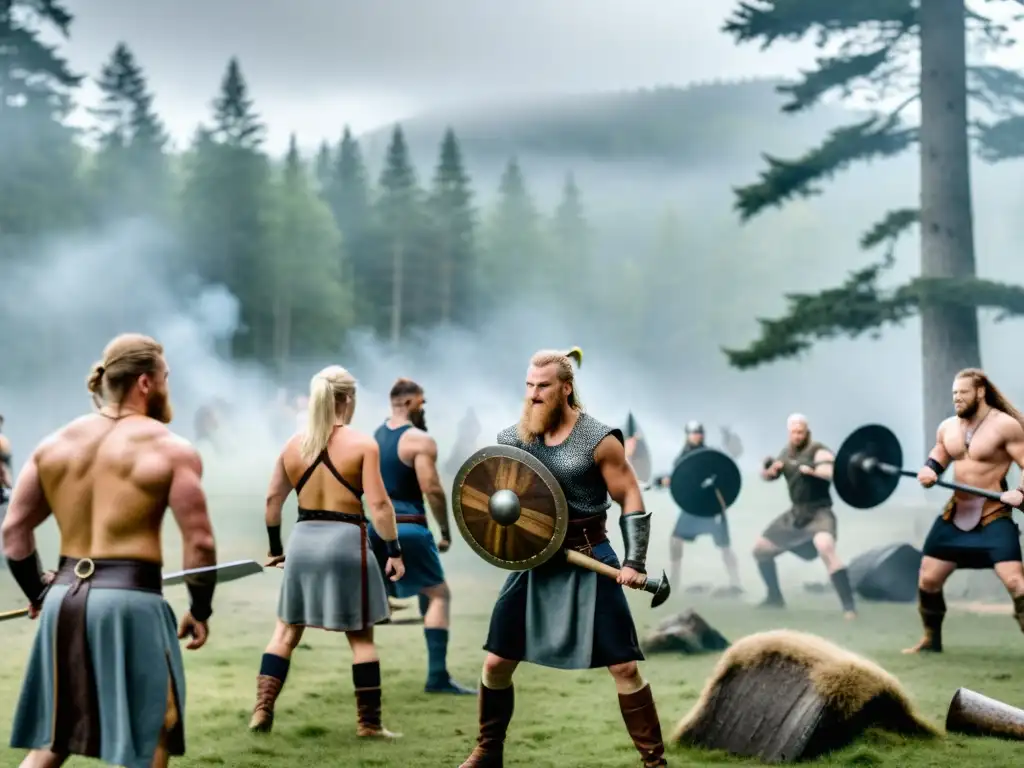 Grupo moderno entrenando al estilo de vida vikingo en el bosque nórdico