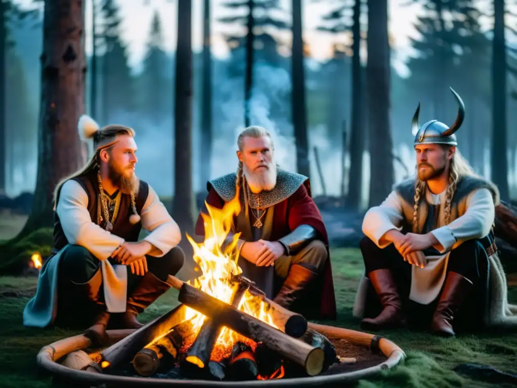 Grupo moderno en ritual vikingo alrededor del fuego sagrado en el bosque al anochecer, invocando deidades nórdicas