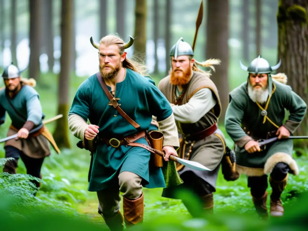 Grupo de modernos reenactores vikingos practicando técnicas de caza en un frondoso bosque