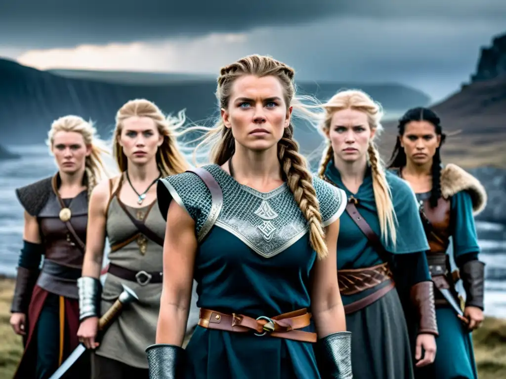 Un grupo de Mujeres guerreras en la sociedad vikinga, orgullosas y fuertes, en un paisaje nórdico misterioso y brumoso