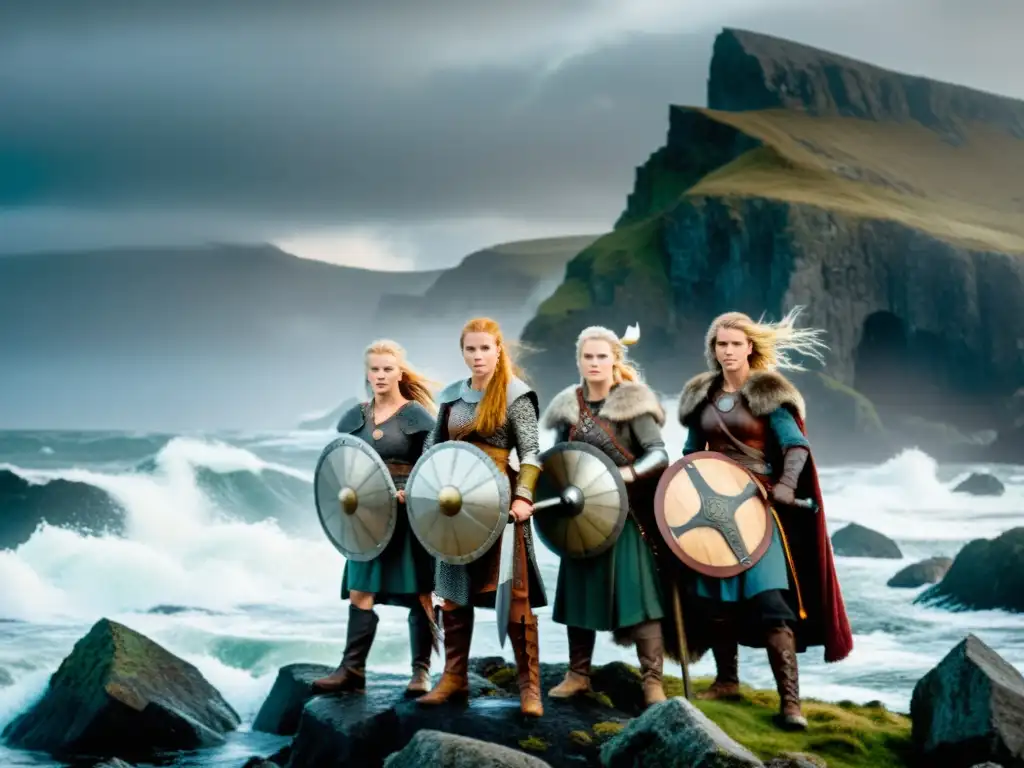 Un grupo de mujeres guerreras vikingas, poderosas y determinadas, listas para la batalla en un paisaje nórdico neblinoso