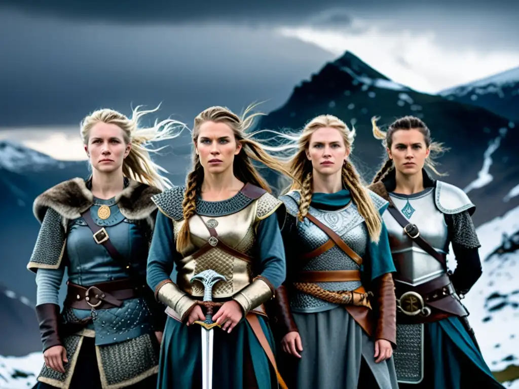 Un grupo de mujeres guerreras vikingas empoderamiento en la cima de una montaña nevada, desafiando la tormenta con determinación y fuerza