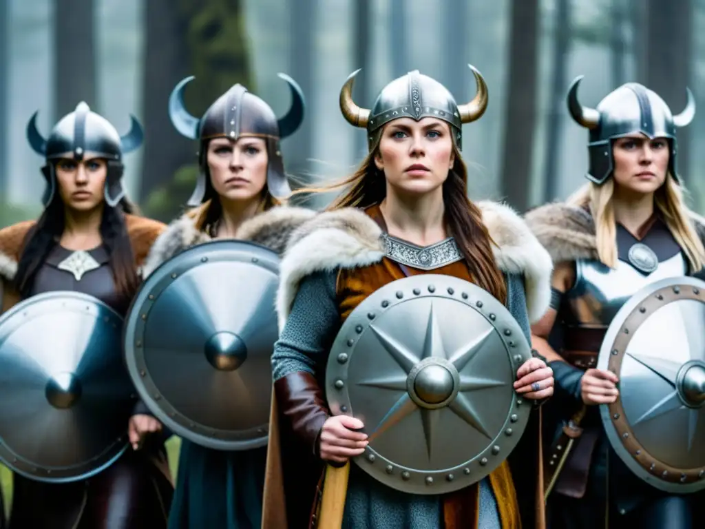 Un grupo de mujeres modernas vistiendo trajes de guerreras vikingas en un bosque brumoso