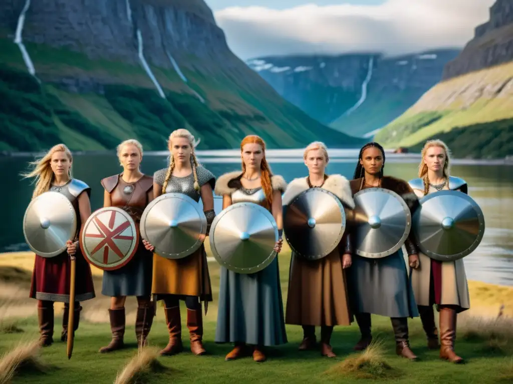 Un grupo de mujeres nórdicas en atuendo vikingo, con símbolos feministas, en un fiordo