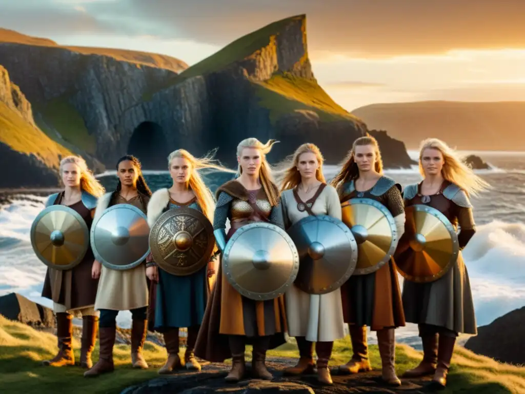 Un grupo de mujeres vestidas con atuendos vikingos, orgullosas frente a un majestuoso drakkar bajo el resplandor dorado del sol poniente