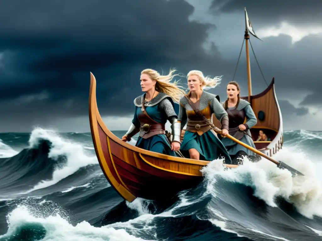 Un grupo de mujeres vikingas navegando con determinación en un barco largo en medio de la tormenta marina, desafiando el rol de género vikingo mujeres