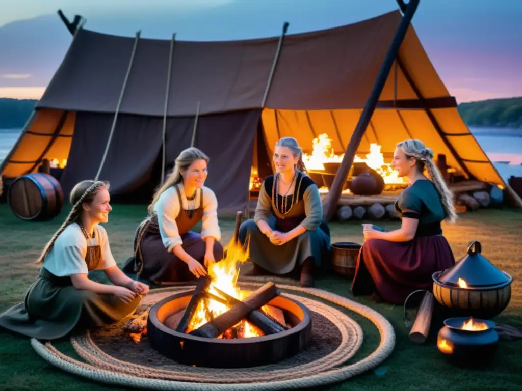 Grupo de mujeres vikingas en una casa larga al anochecer, desempeñando roles de concubinas en sociedad vikinga