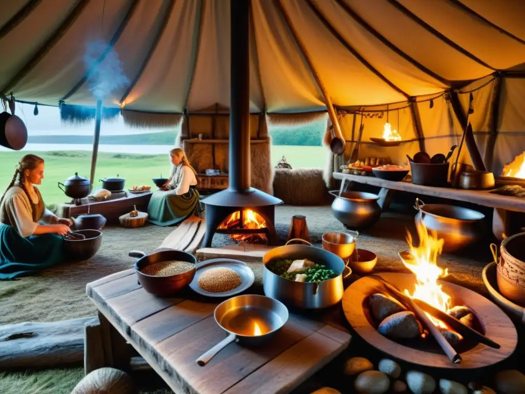 Grupo de mujeres vikingas preparando comida en cocina tradicional, reflejando la autenticidad y comunidad de la dieta vikinga pérdida peso mitos