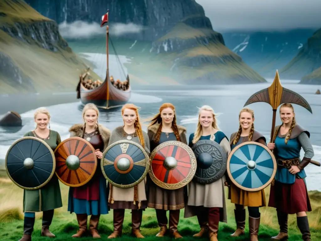 Un grupo de mujeres vikingas en un festival, luciendo trajes tradicionales junto a un barco