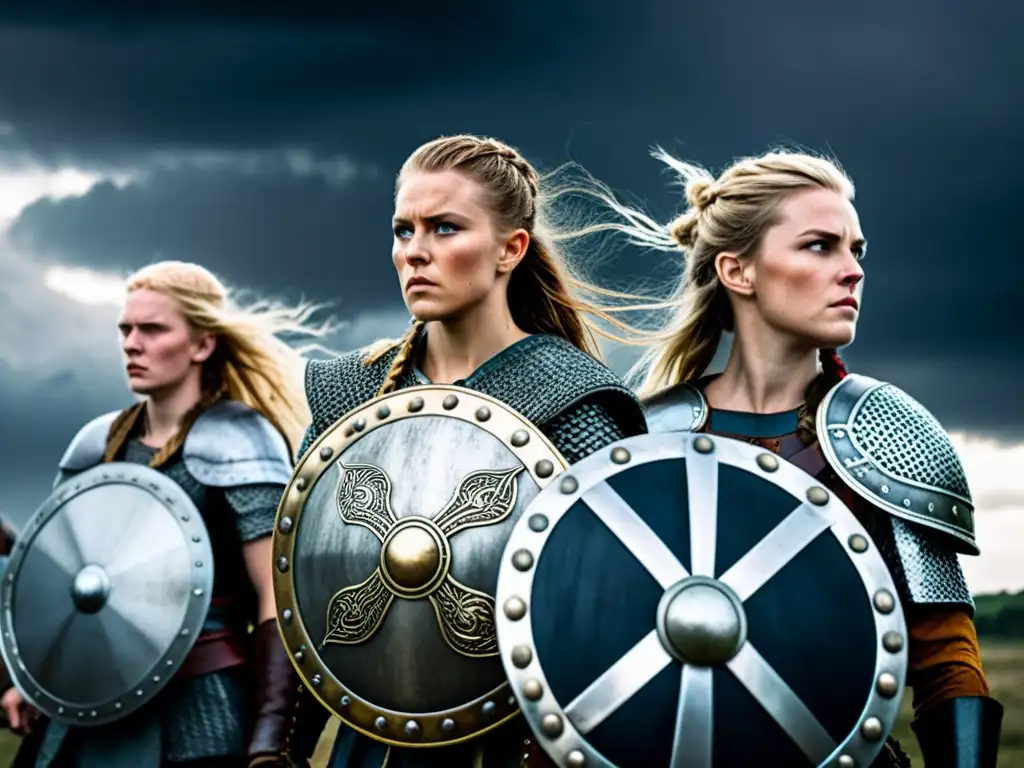 Un grupo de mujeres vikingas en la guerra, con armaduras detalladas y determinación feroz en un campo de batalla