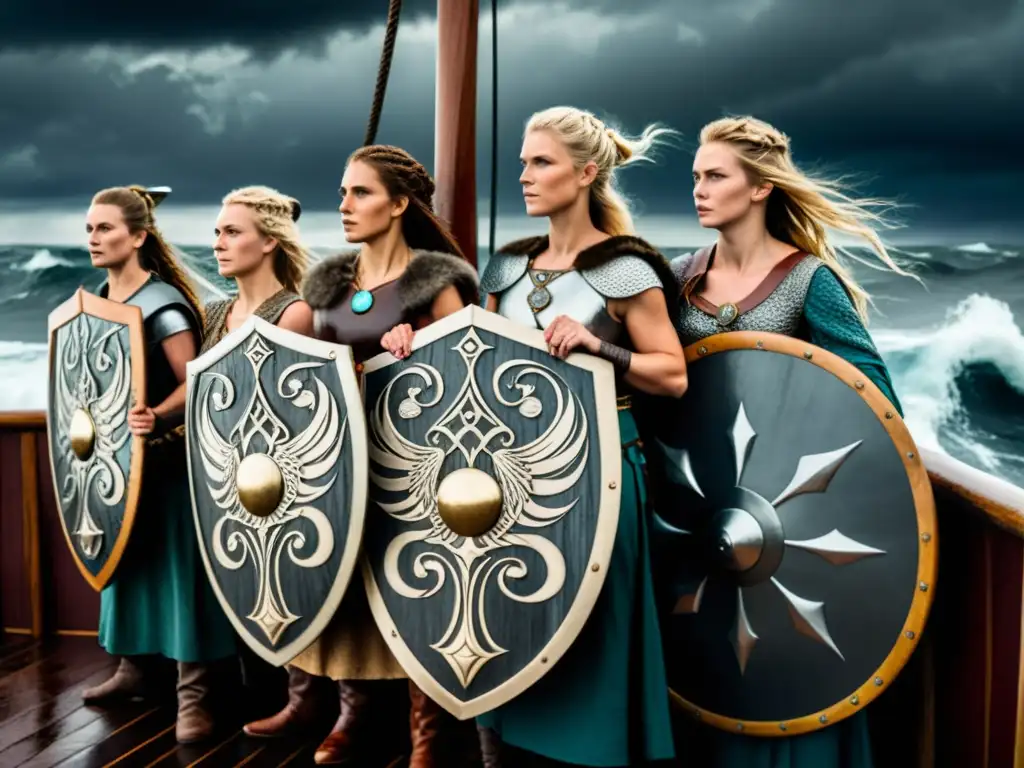 Un grupo de mujeres vikingas listas para zarpar en una expedición, mostrando determinación y fuerza