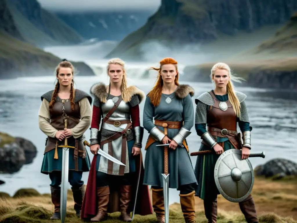 Un grupo de mujeres vikingas modernas, fuertes y determinadas, en un paisaje nórdico brumoso