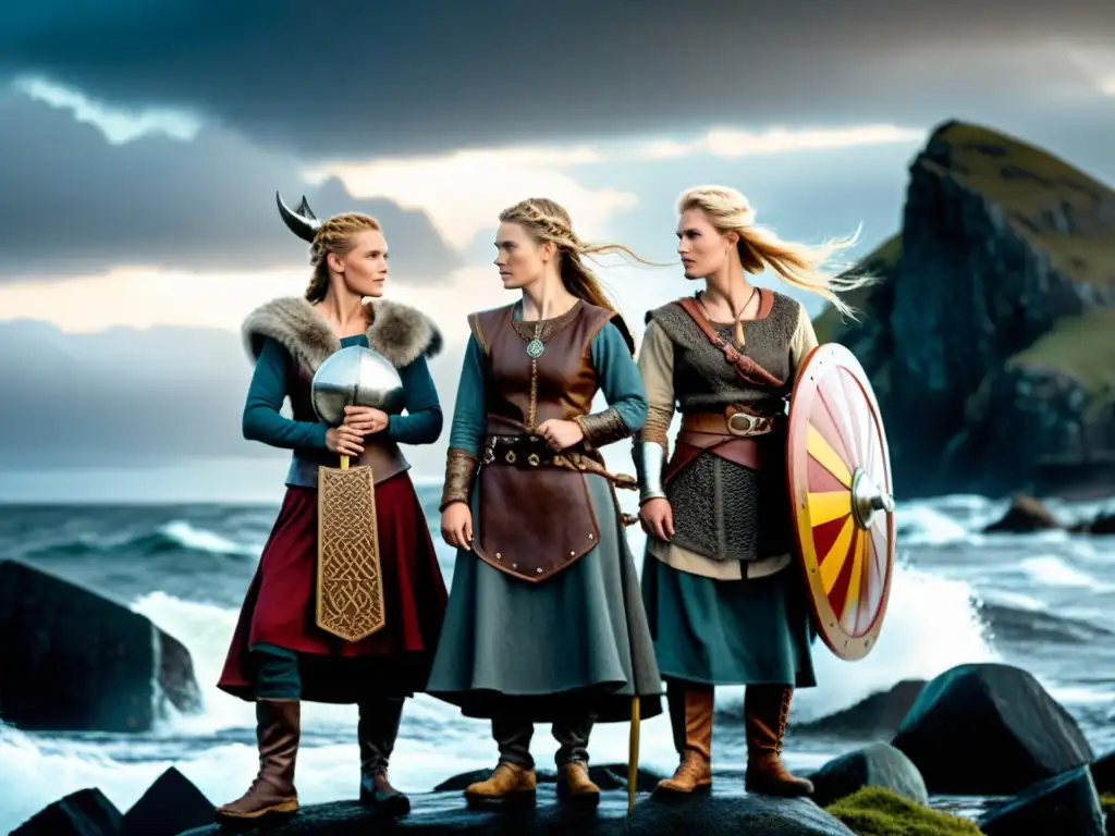 Un grupo de mujeres vikingas orgullosas junto a un drakkar en la costa nórdica