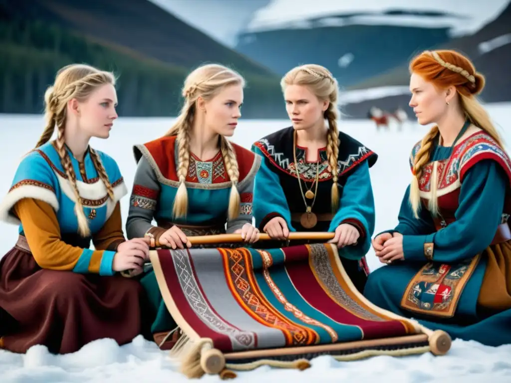 Grupo de mujeres vikingas tejiendo en paisaje nevado