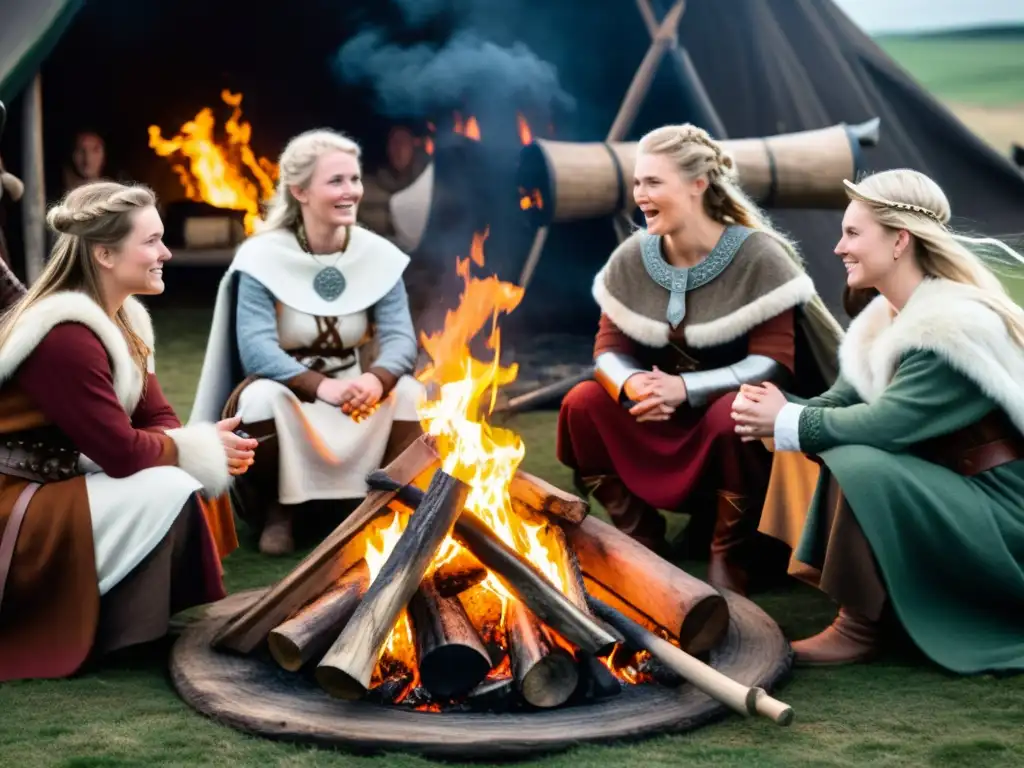 Un grupo de mujeres vikingas reunidas alrededor del fuego, demostrando el papel de la mujer vikinga en la sociedad, en una escena histórica y cultural