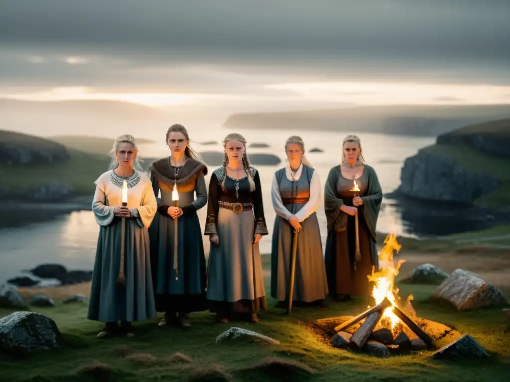 Funeral vikingo: mujeres en ritual de duelo con antorchas Un grupo de mujeres vikingas en un ritual funerario, destacando su papel en la comunidad en un paisaje nórdico