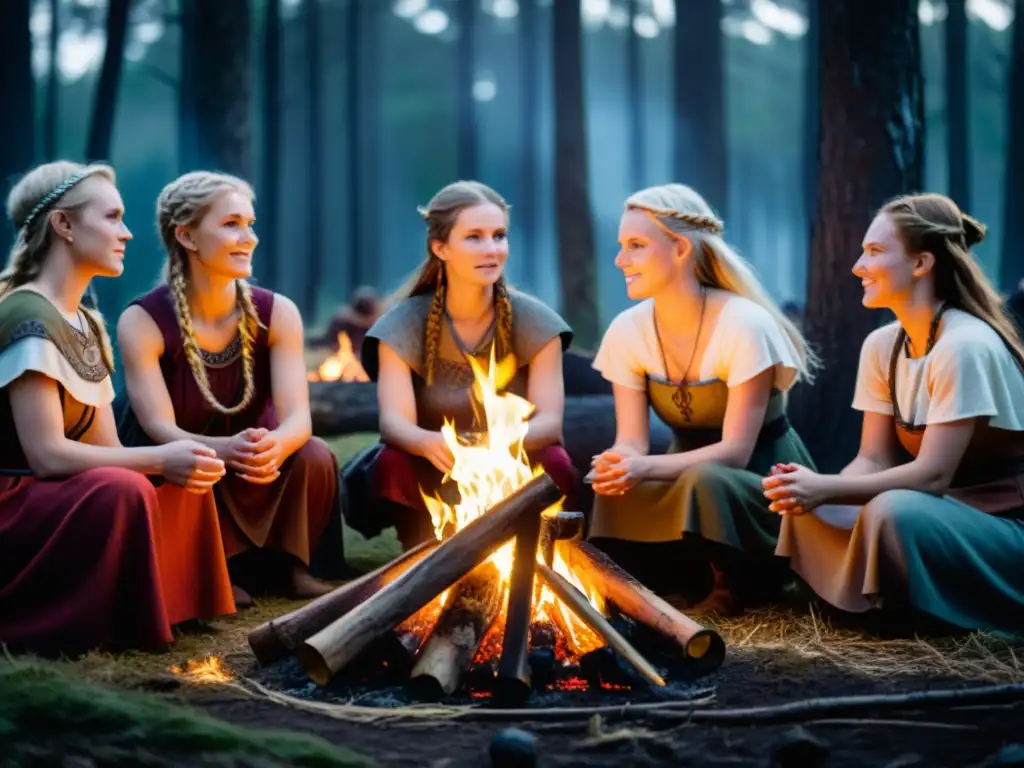 Un grupo de mujeres vikingas en un ritual espiritual alrededor de una hoguera en un bosque místico