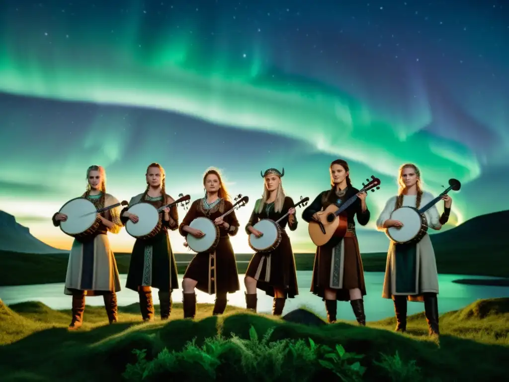 Grupo de músicas inspiradas en valquirias vikingas tocando instrumentos nórdicos bajo la aurora boreal