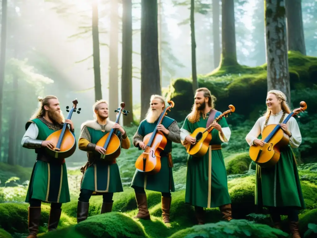Concierto vikingo en el bosque: imagen ultradetallada en 8k Un grupo de músicos escandinavos vikingos en un bosque verde tocando instrumentos antiguos como una lira, un cuerno y un tambor