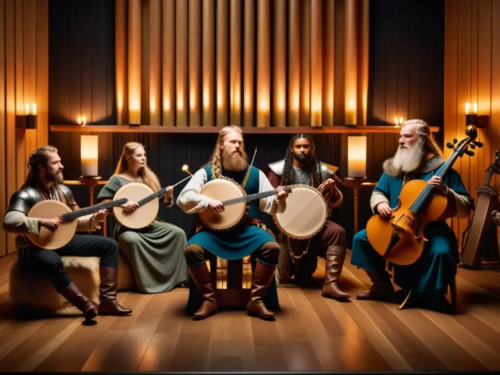 Grupo de músicos en estudio medieval con instrumentos antiguos y vestimenta vikinga, creando música inspirada serie Vikings