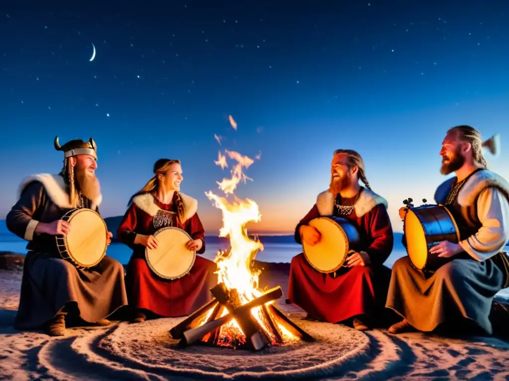 Grupo de músicos vikingos tocando instrumentos antiguos alrededor de una fogata bajo un cielo estrellado, reviviendo tradiciones artísticas vikingas