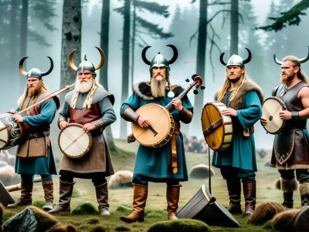 Un grupo de músicos vikingos tocando instrumentos antiguos en un bosque escandinavo neblinoso, rodeados de artefactos y armas de la era vikinga