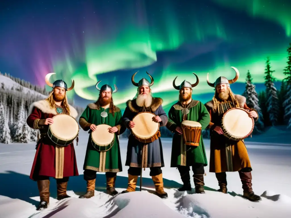 Un grupo de músicos vikingos toca instrumentos ancestrales bajo la aurora boreal en un bosque nevado