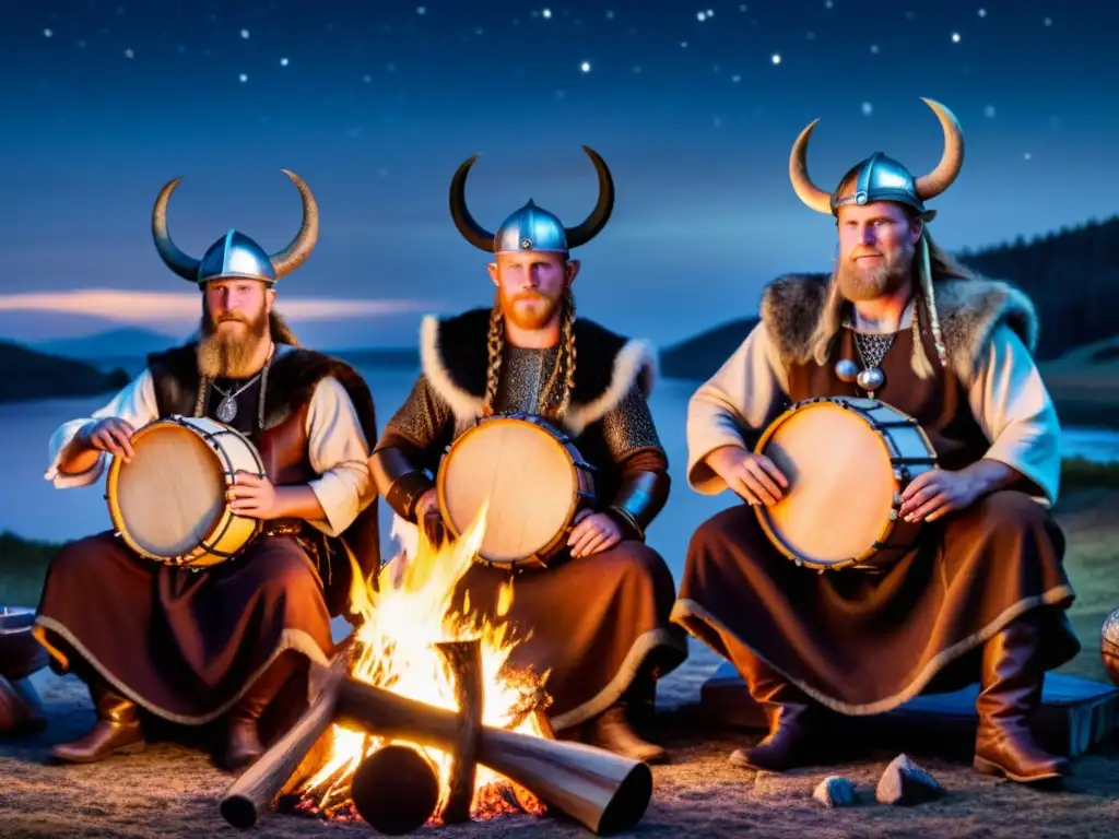 Grupo de músicos vikingos tocando instrumentos tradicionales alrededor de una fogata bajo un cielo estrellado