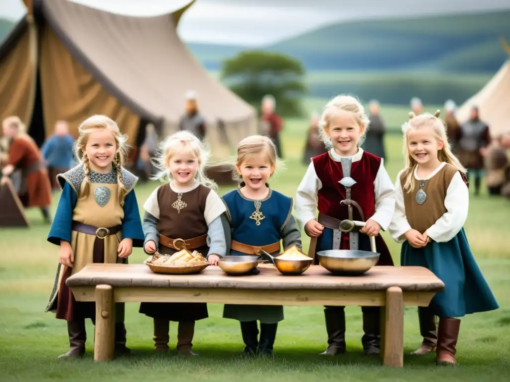 Grupo de niños disfrutando de actividades de recreación vikinga en un festín en un prado al atardecer