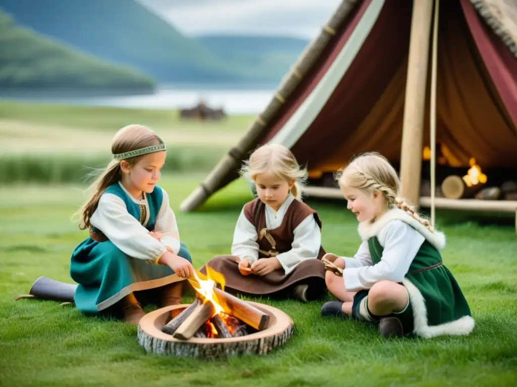 Un grupo de niños recrea actividades vikingas en un prado verde, alrededor de una hoguera