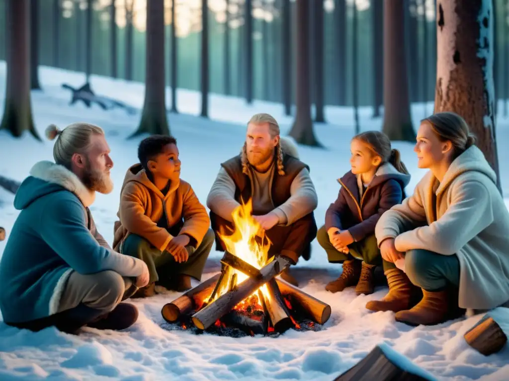 Un grupo de niños escucha con admiración a un anciano vikingo junto al fuego en un bosque nevado