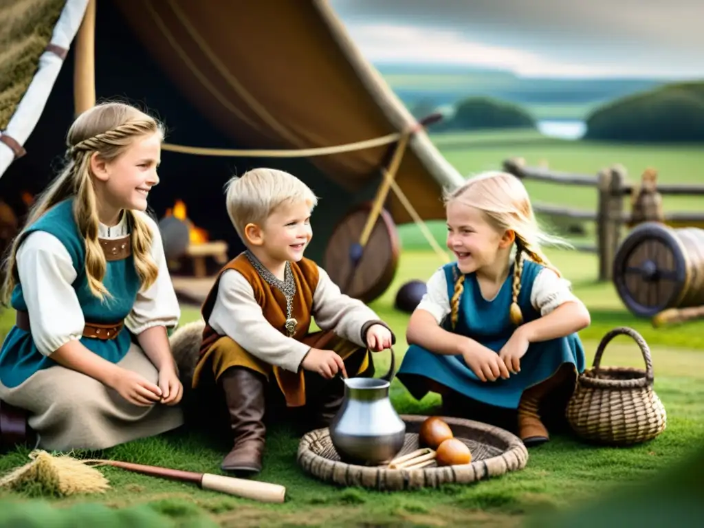 Un grupo de niños vikingos participando en actividades tradicionales en un asentamiento vikingo