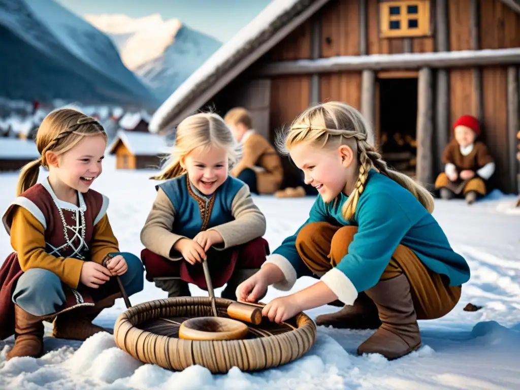 Un grupo de niños vikingos jugando en una aldea escandinava con trenzas elaboradas y juguetes de madera