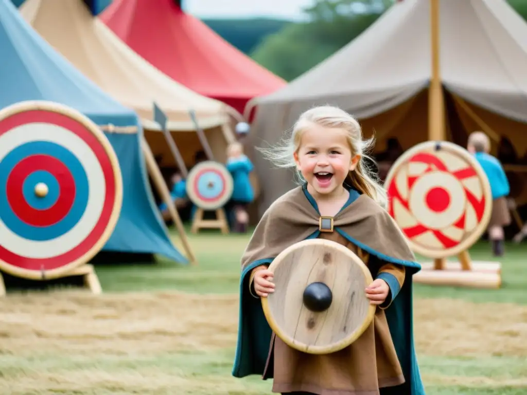 Grupo de niños vikingos disfrutan de juegos educativos en festival con adultos y tiendas de colores de fondo