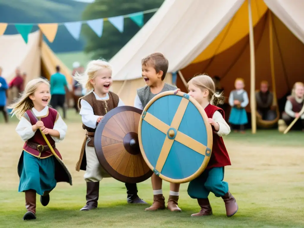 Grupo de niños vikingos participando en juegos educativos en un festival animado