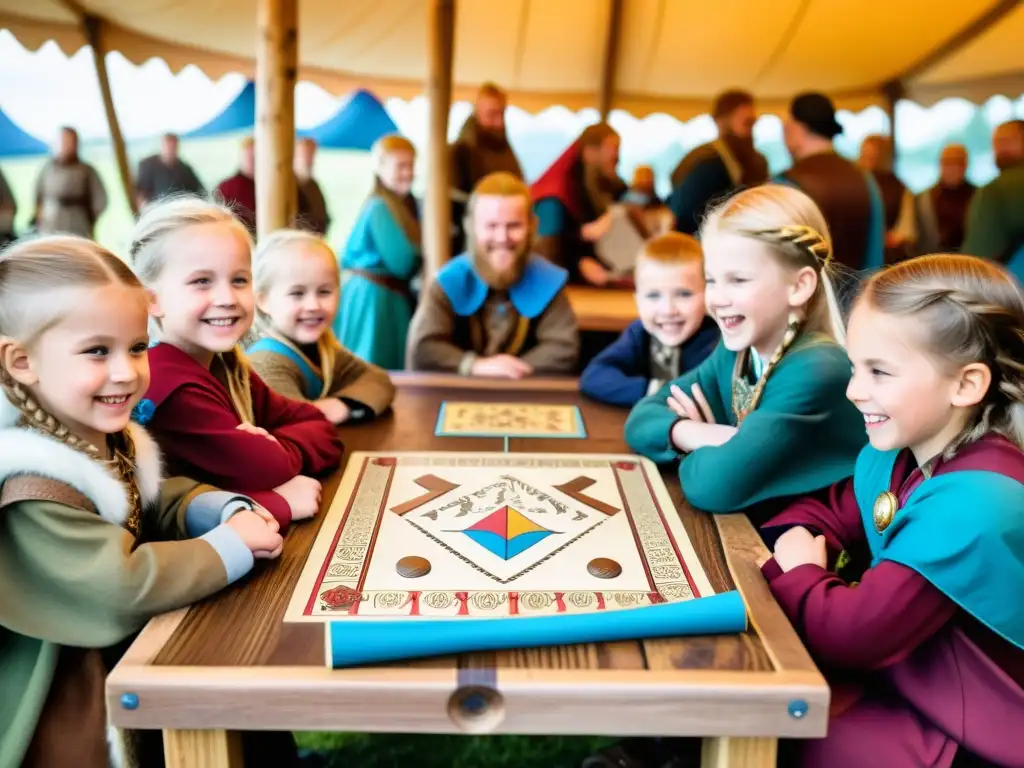 Un grupo de niños vikingos disfruta de juegos educativos en un festival, rodeados de colores y cultura nórdica