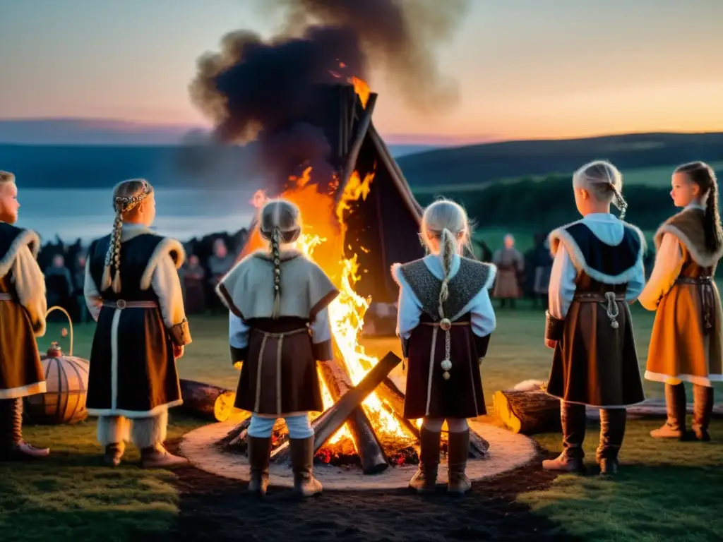 Un grupo de niños vikingos en un ritual de paso, rodeando una hoguera en la noche nórdica