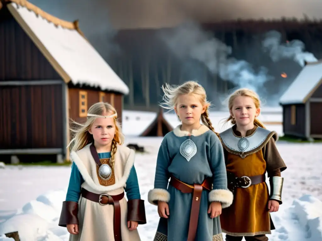 Un grupo de niños vikingos en vestimenta tradicional nórdica juegan en la nieve del norte, preparándose para la vida