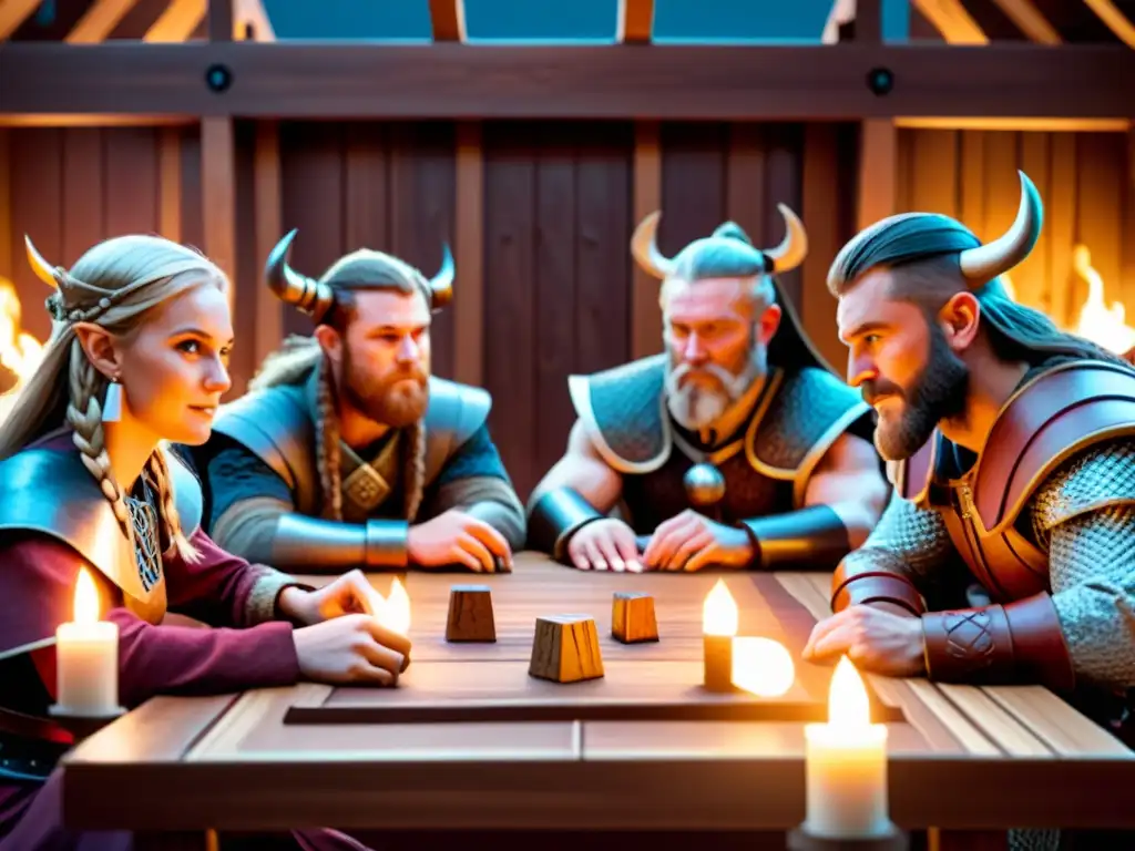 Un grupo de personajes inolvidables de juegos de mesa vikingos en una casa larga, planeando estrategias frente a un detallado tablero de juego